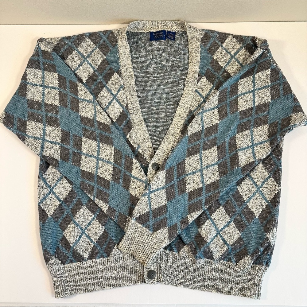 Vintage Cambridge Classics Argyle Cardigan XL Made USA Grandpa Sweater Gray